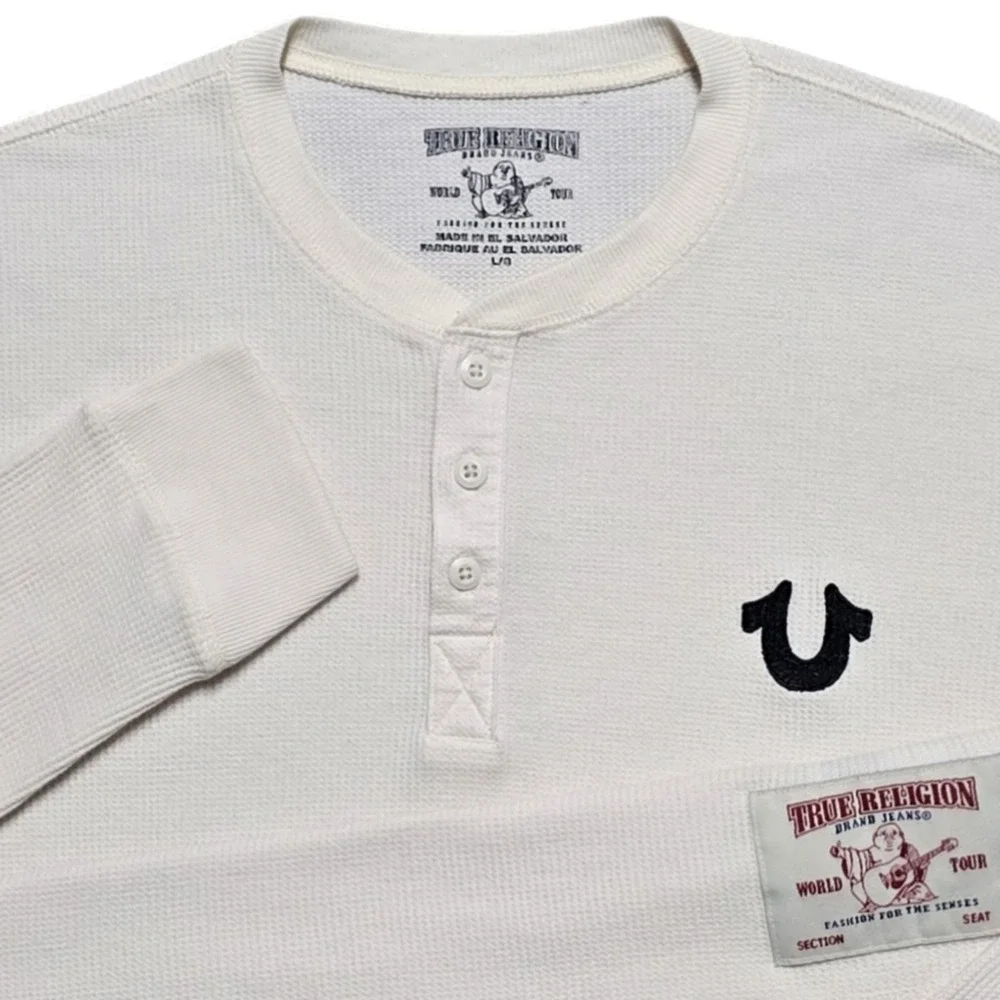 True Religion Cream Waffle Knit Henley Long Sleeve Shirt Mens‎ Large EUC